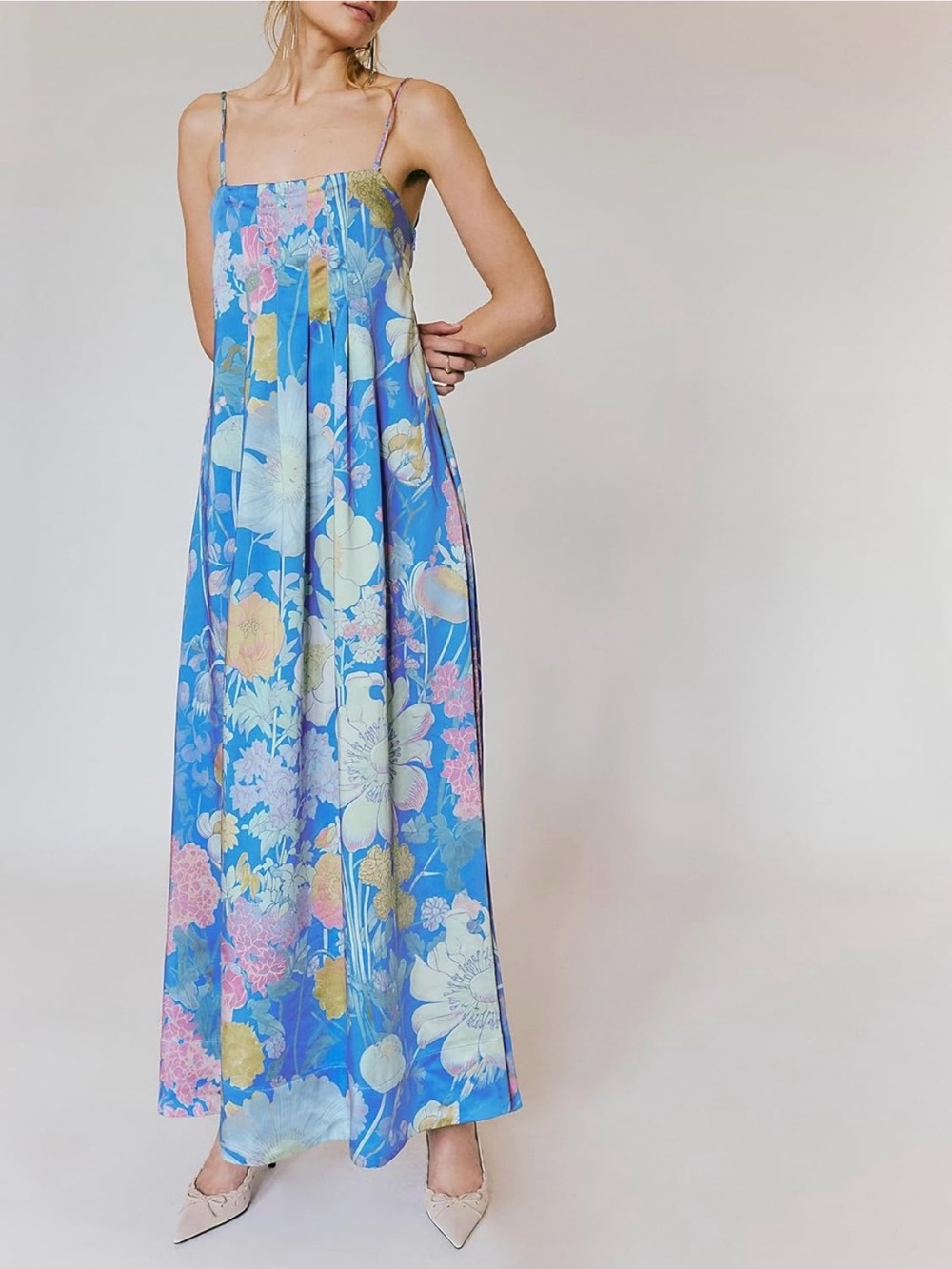 Blue Floral Maxi Dress with Spaghetti Straps